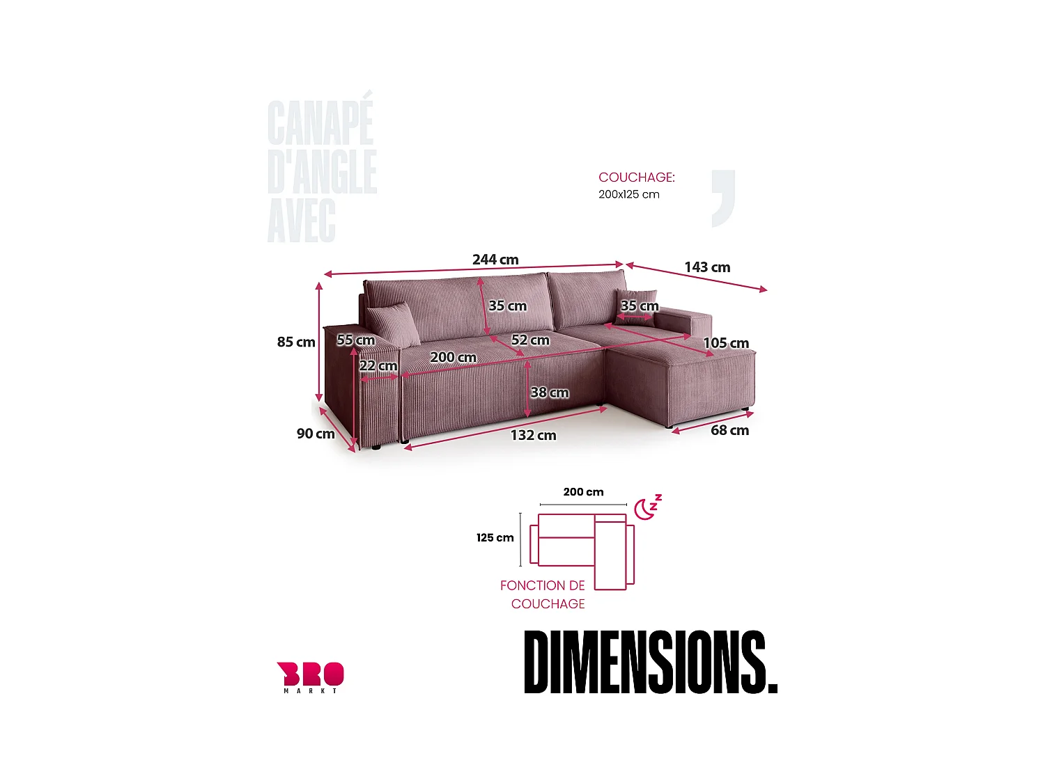 Canapé d'angle convertible en velours côtelé rose ADI L