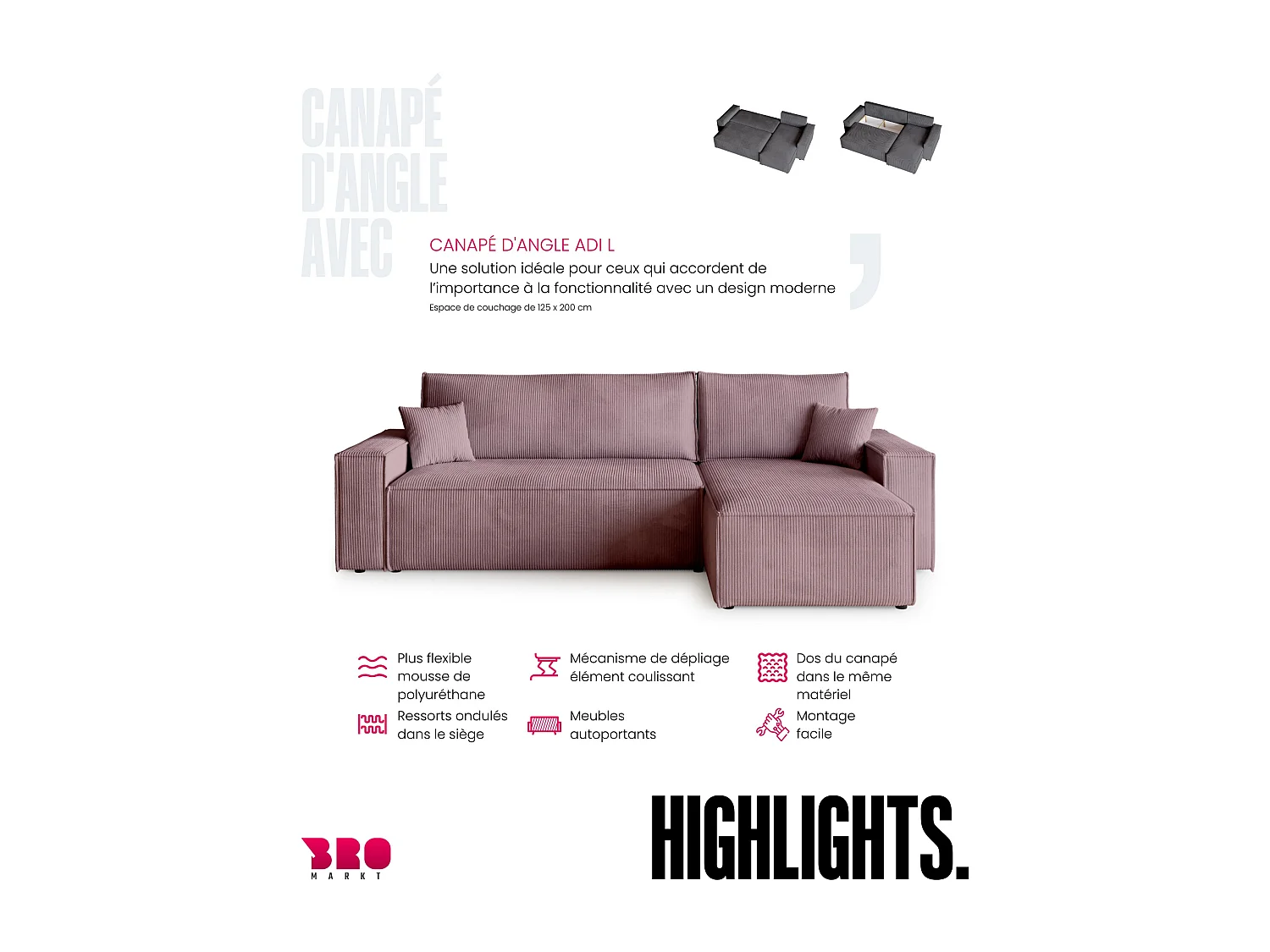 Canapé d'angle convertible en velours côtelé rose ADI L