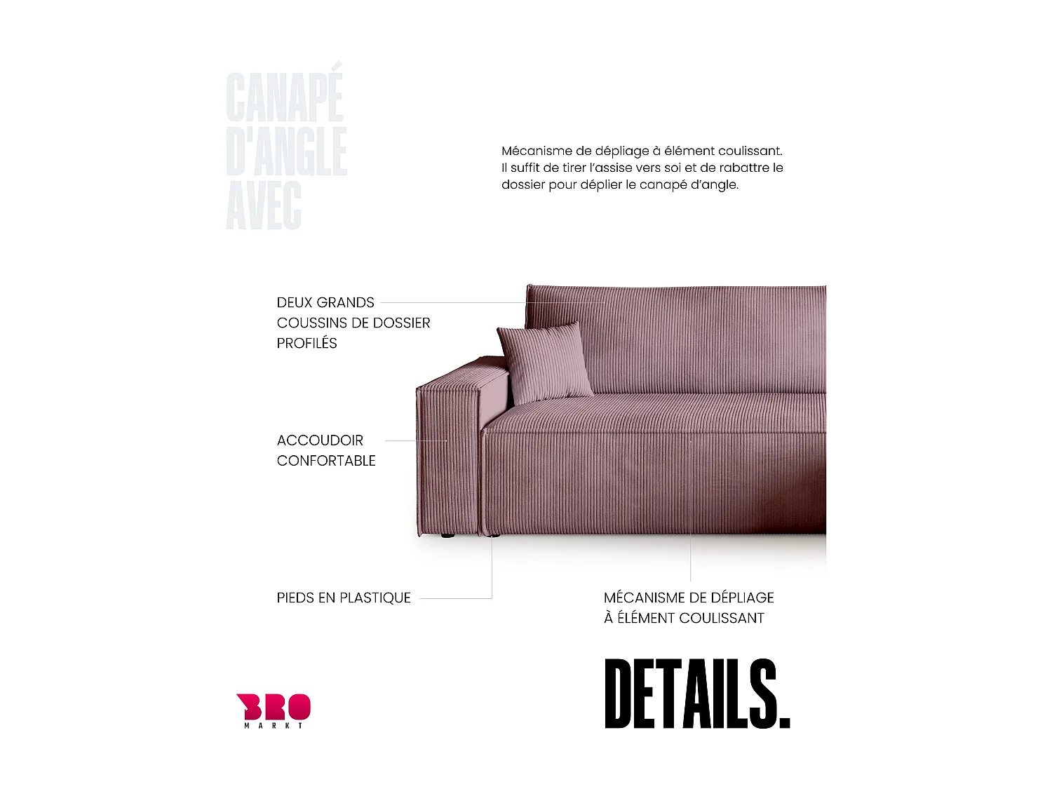 Canapé d'angle convertible en velours côtelé rose ADI L