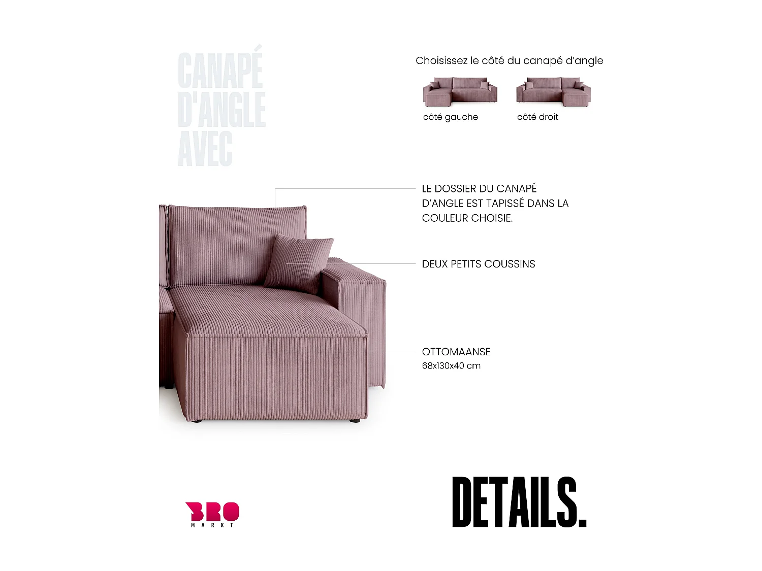 Canapé d'angle convertible en velours côtelé rose ADI L