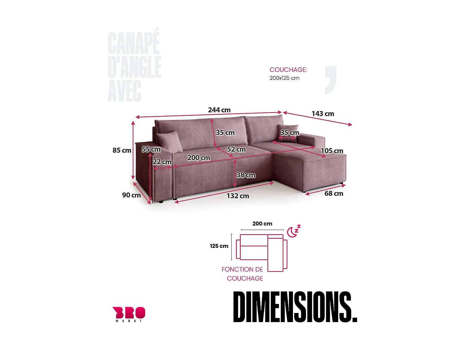 Canapé d'angle convertible en velours côtelé rose ADI L