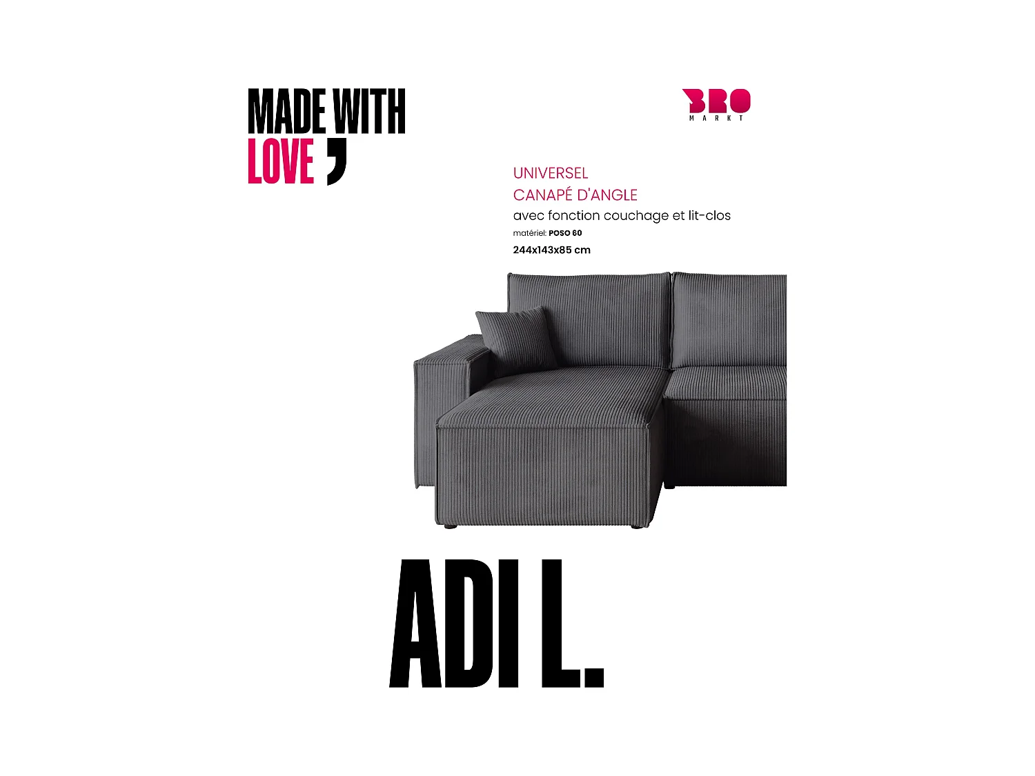 Hoekbank met slaapfunctie grijs ADI L