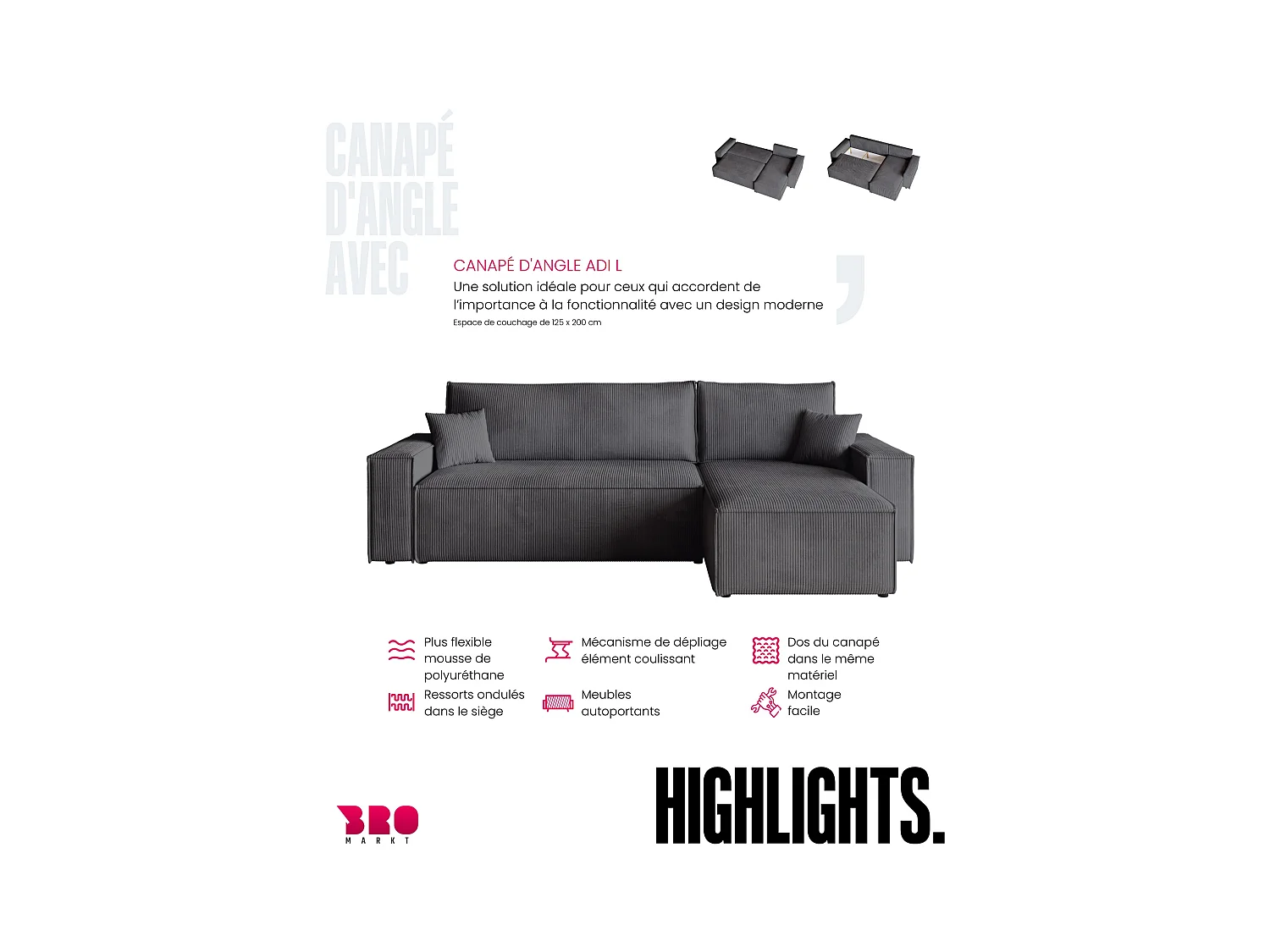 Hoekbank met slaapfunctie grijs ADI L