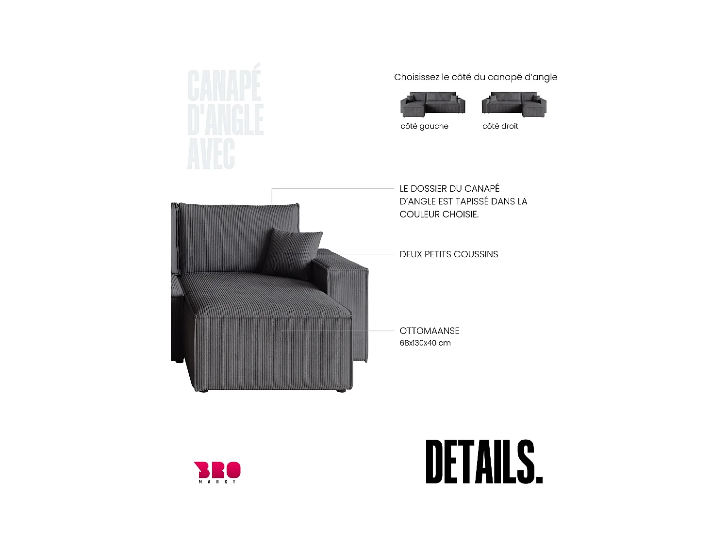 Hoekbank met slaapfunctie grijs ADI L