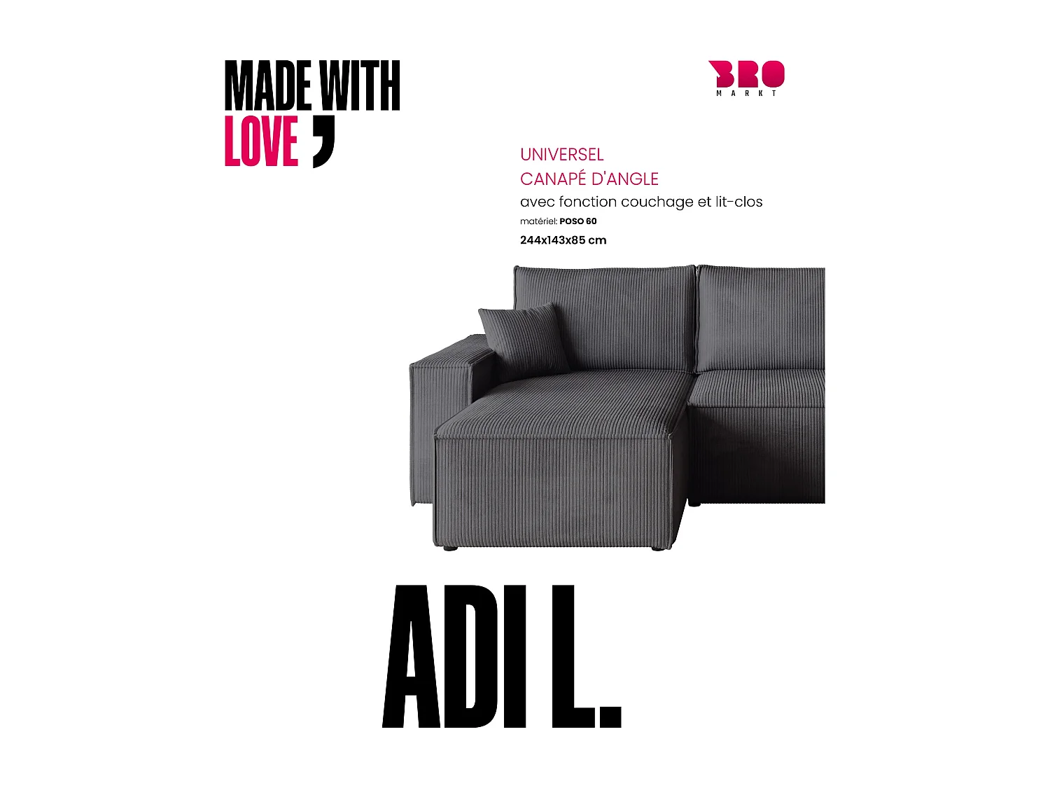 Canapé d'angle convertible en velours côtelé gris ADI L