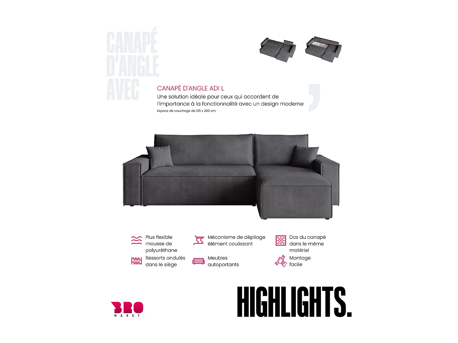 Canapé d'angle convertible en velours côtelé gris ADI L