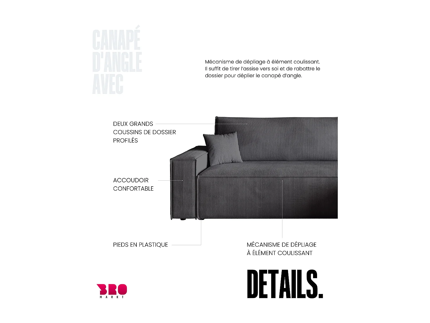 Canapé d'angle convertible en velours côtelé gris ADI L