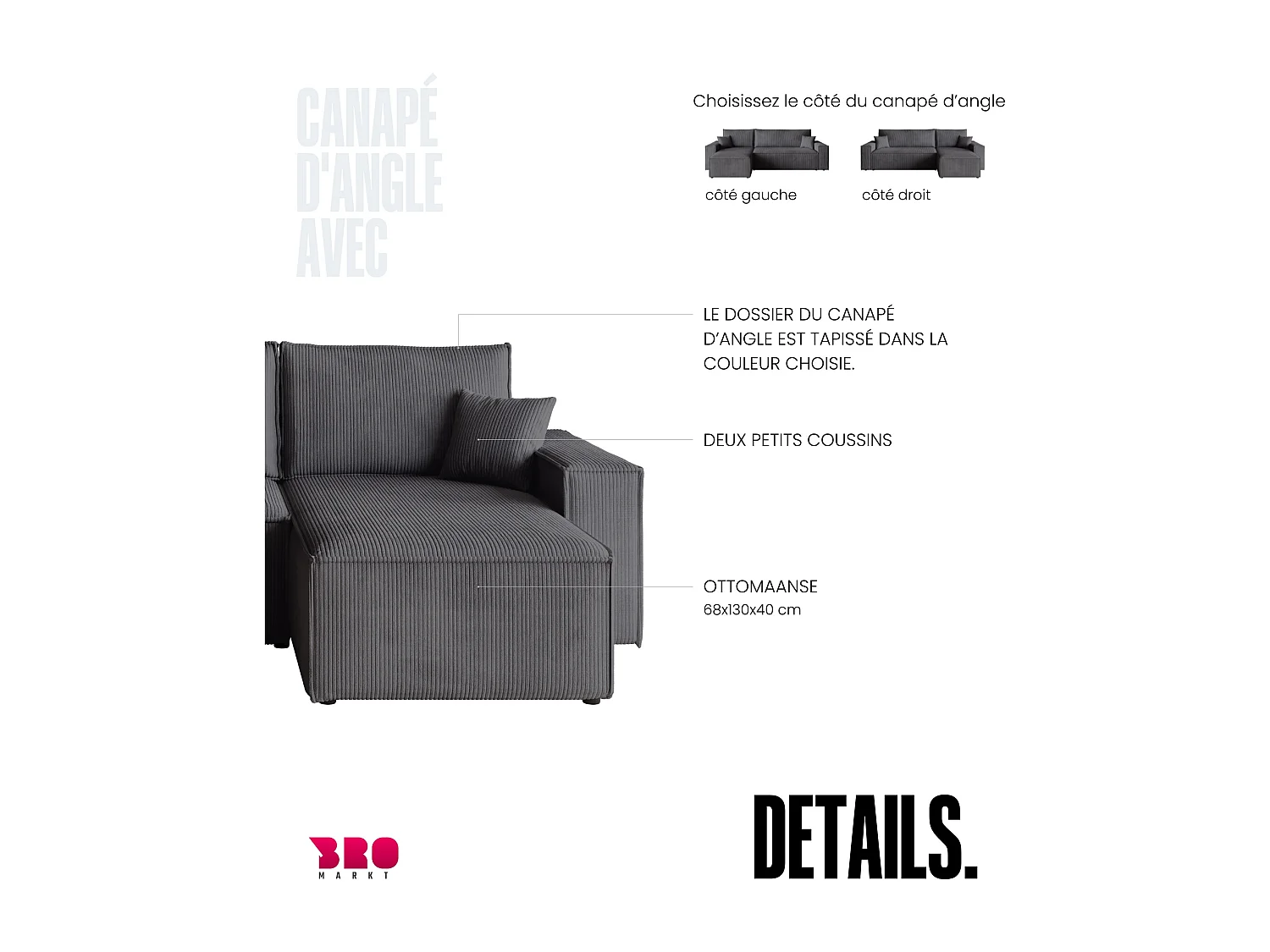 Canapé d'angle convertible en velours côtelé gris ADI L