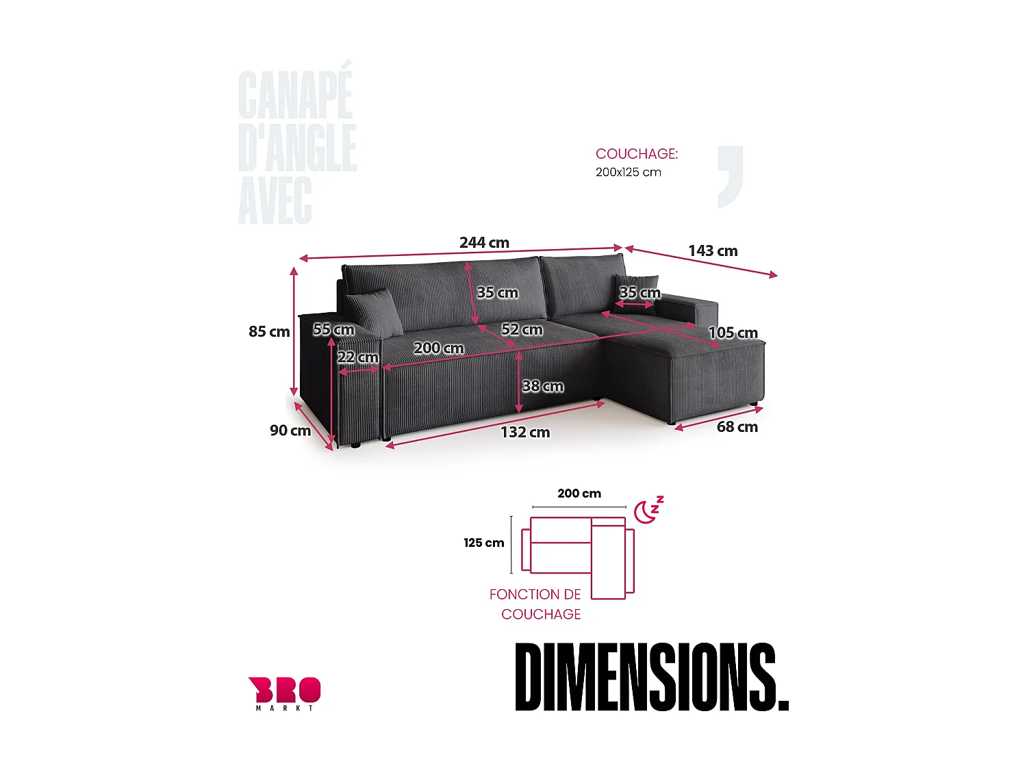 Canapé d'angle convertible en velours côtelé gris ADI L