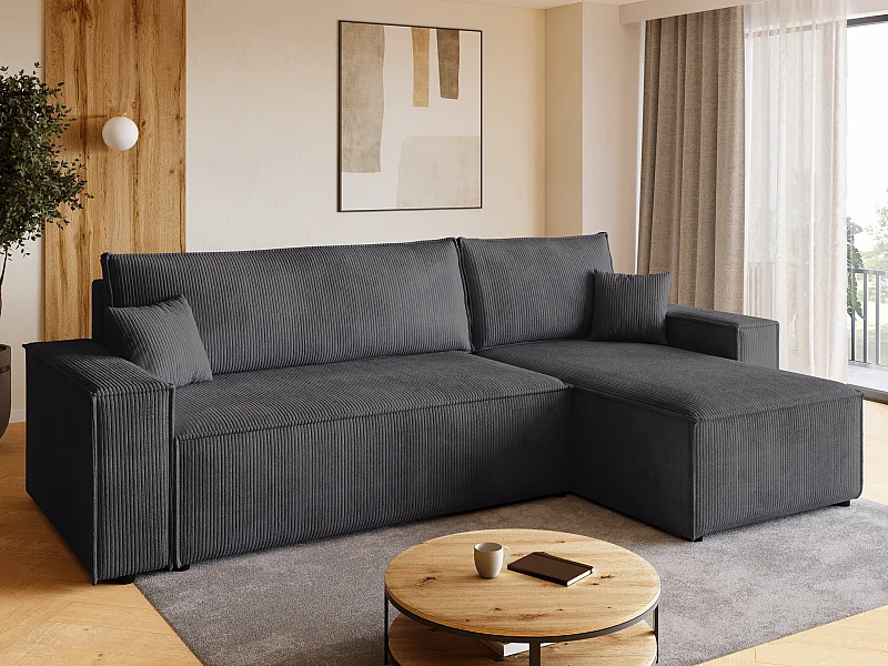 Canapé d'angle convertible en velours côtelé gris ADI L