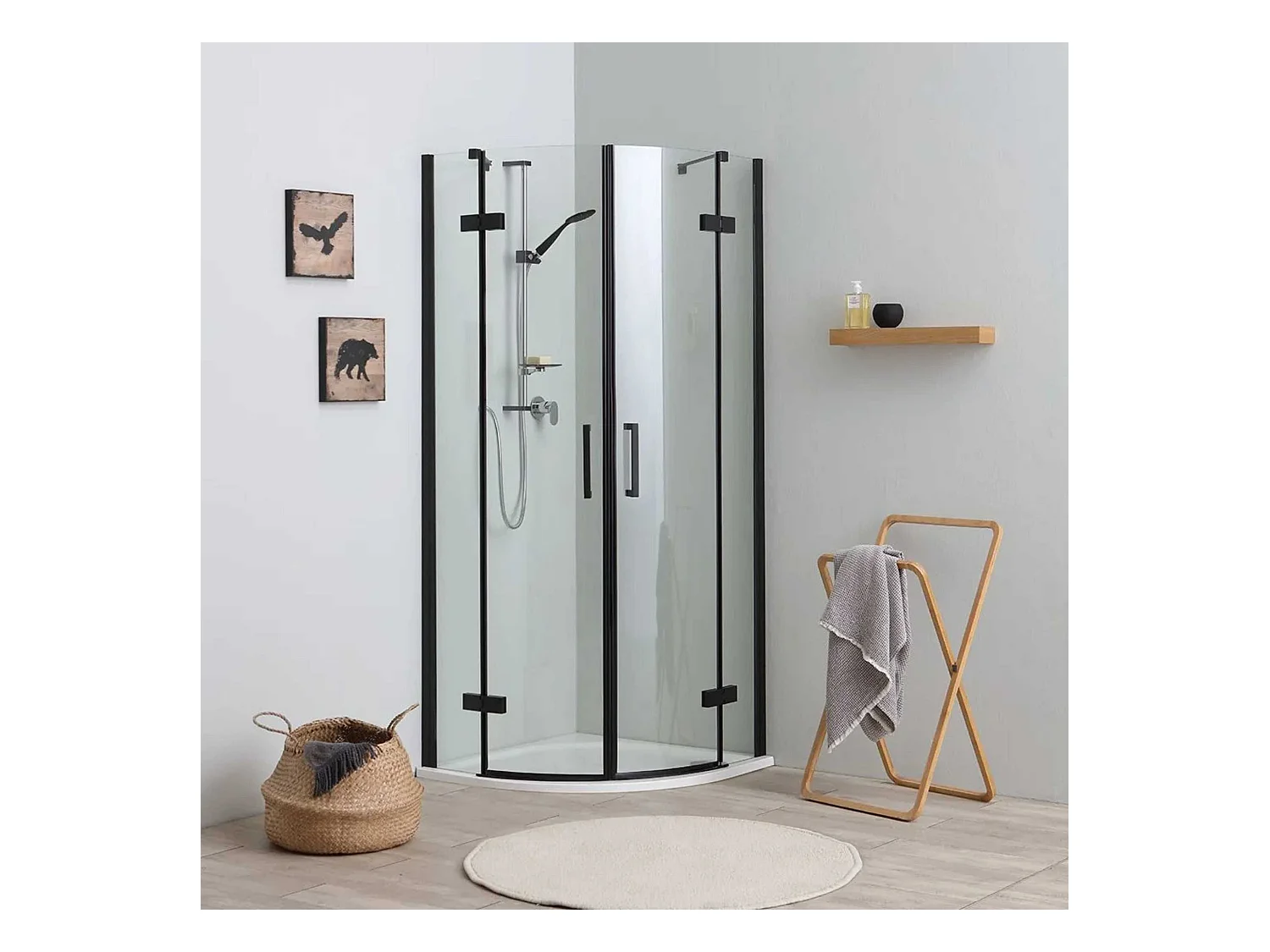 Box de duche de canto semicircular "Lions Two" em vidro preto mate sem perfis cm 80x80 190h