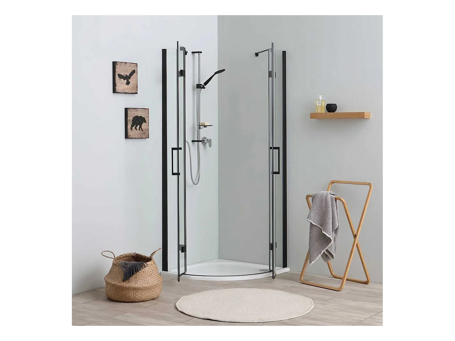 Box de duche de canto semicircular "Lions Two" em vidro preto mate sem perfis cm 80x80 190h