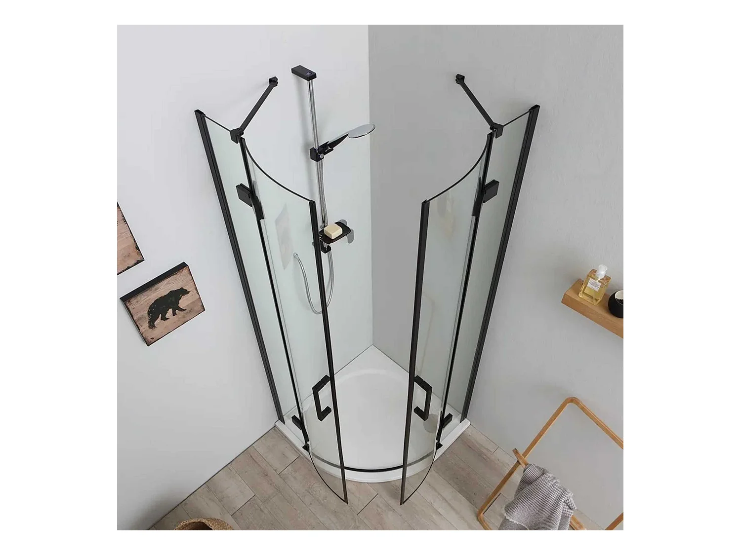 Box de duche de canto semicircular "Lions Two" em vidro preto mate sem perfis cm 80x80 190h