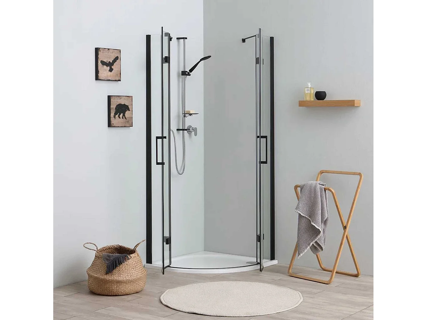 Halbrunde Eckduschkabine "Lions Two" aus mattschwarzem Glas ohne cm 80x80 190h Profile