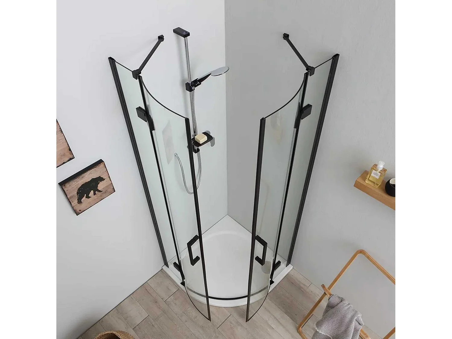 Halbrunde Eckduschkabine "Lions Two" aus mattschwarzem Glas ohne cm 80x80 190h Profile