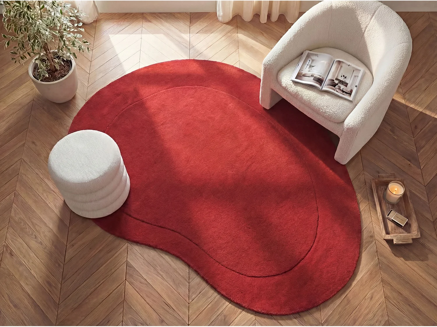 Tappeto organico 100% lana lavorato a mano 160 x 220 cm - Rosso ciliegia - 2200g/m² - ORUNI
