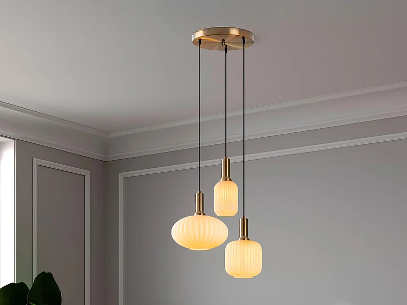 Lampa wisząca metalowa - Złoty i biały - 3 klosze H.130 x L. 55 cm - OSKA