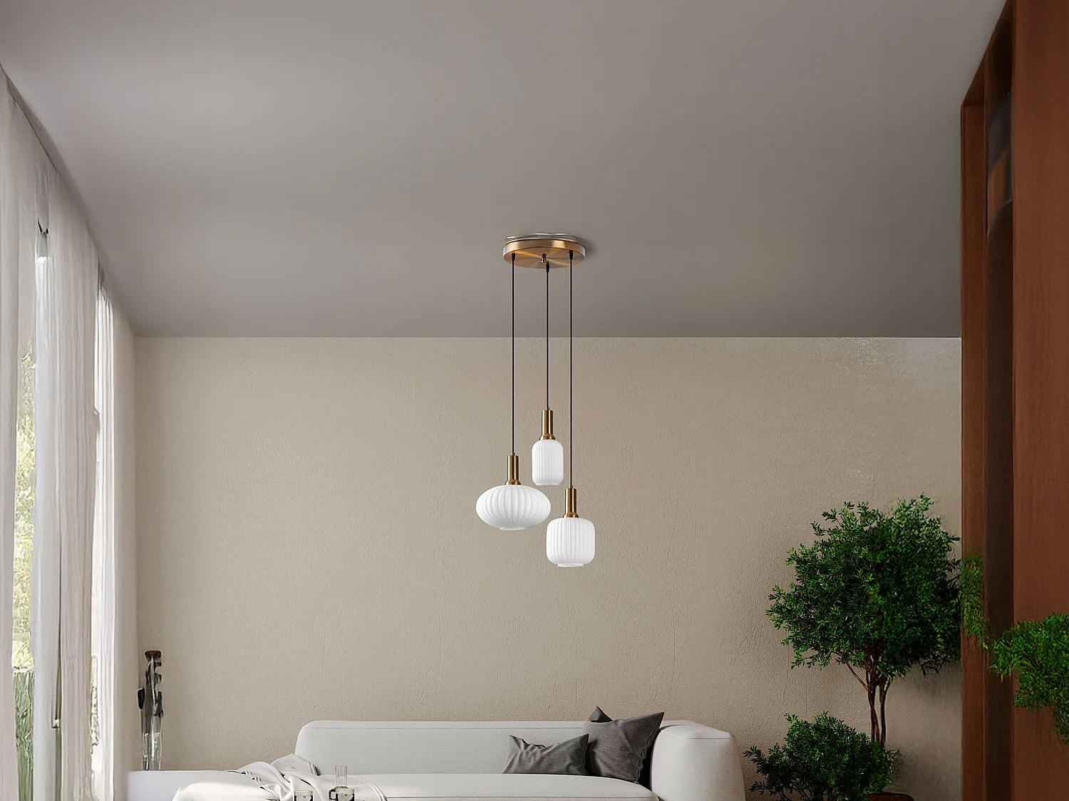 Lustre en métal - Doré et blanc - 3 abat-jours H.130 x L. 55 cm - OSKA