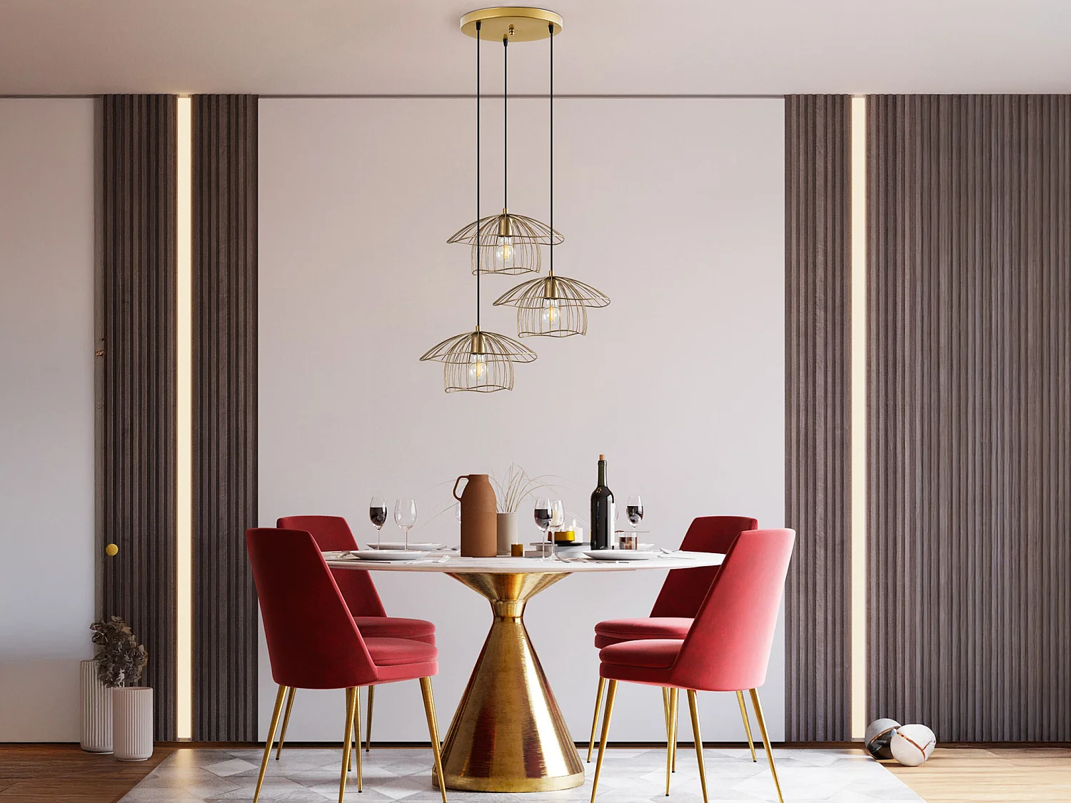 Lampadario a filo in metallo dorato - 3 paralumi - H. 110 x L. 68 cm - LOREVI