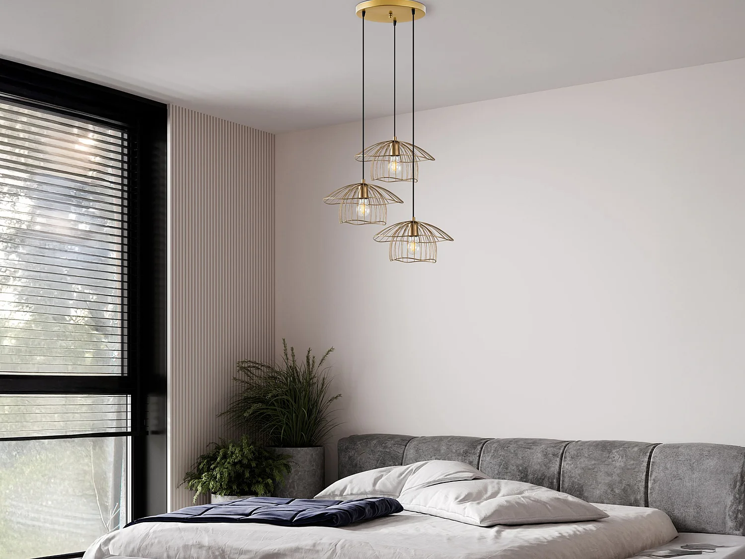 Trådig gyllenfärdad taklampan i metall - 3 lampskärmar - H. 110 x L. 68 cm - LOREVI