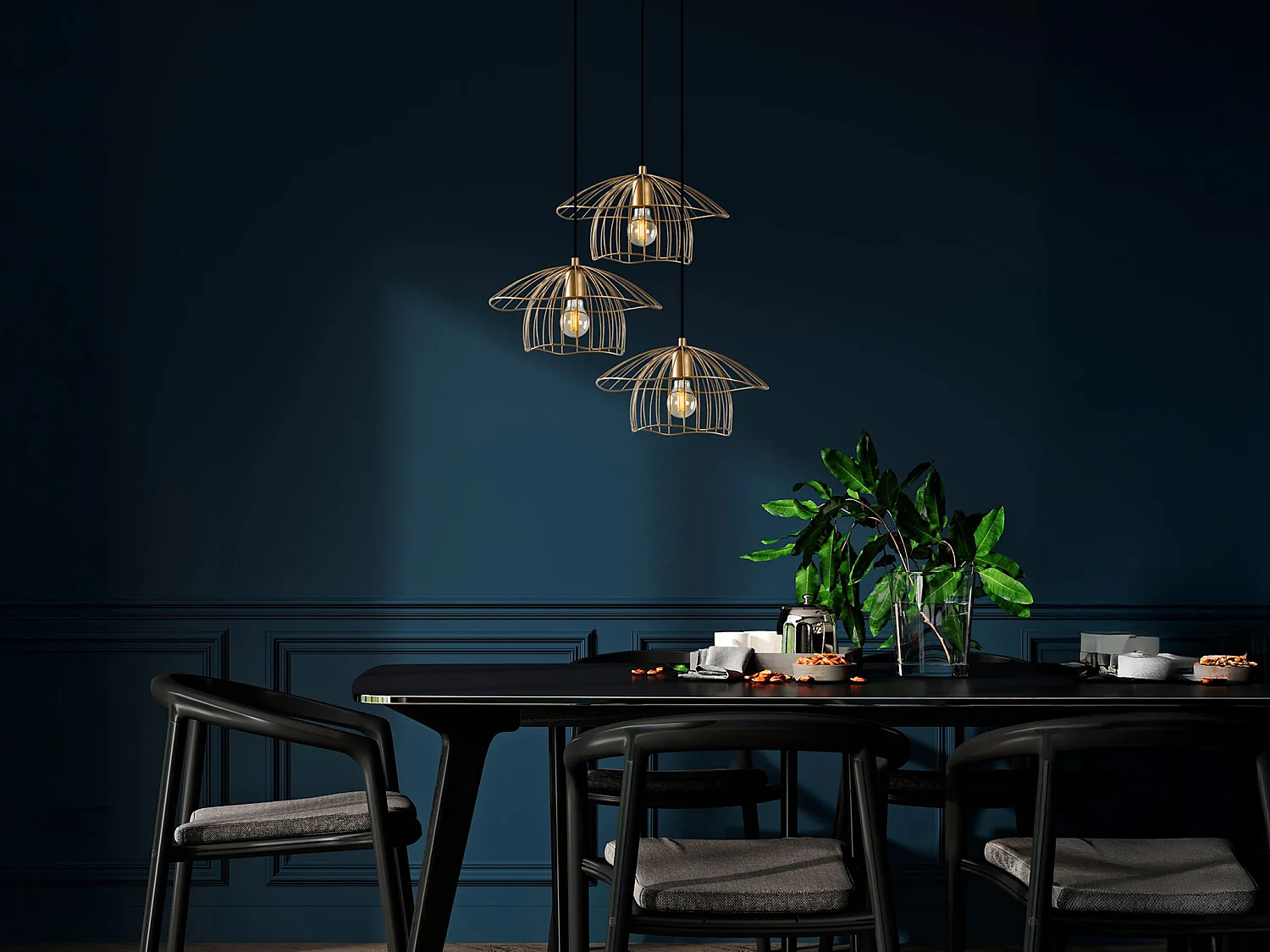 Trådig gyllenfärdad taklampan i metall - 3 lampskärmar - H. 110 x L. 68 cm - LOREVI