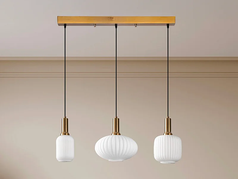 Lampa wisząca metalowa - Złota i biała - 3 klosze dł. 87 x wys. 130 cm - OSKA