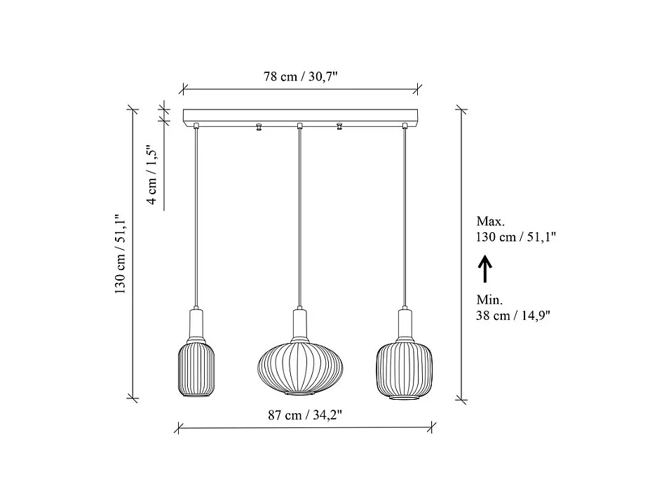 Metallysekrone - Gyllen og hvit - 3 skjermer L. 87 x H. 130 cm - OSKA
