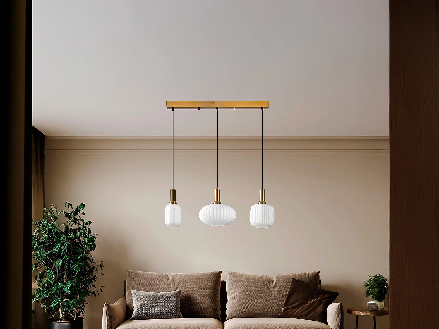 Lampa wisząca metalowa - Złota i biała - 3 klosze dł. 87 x wys. 130 cm - OSKA