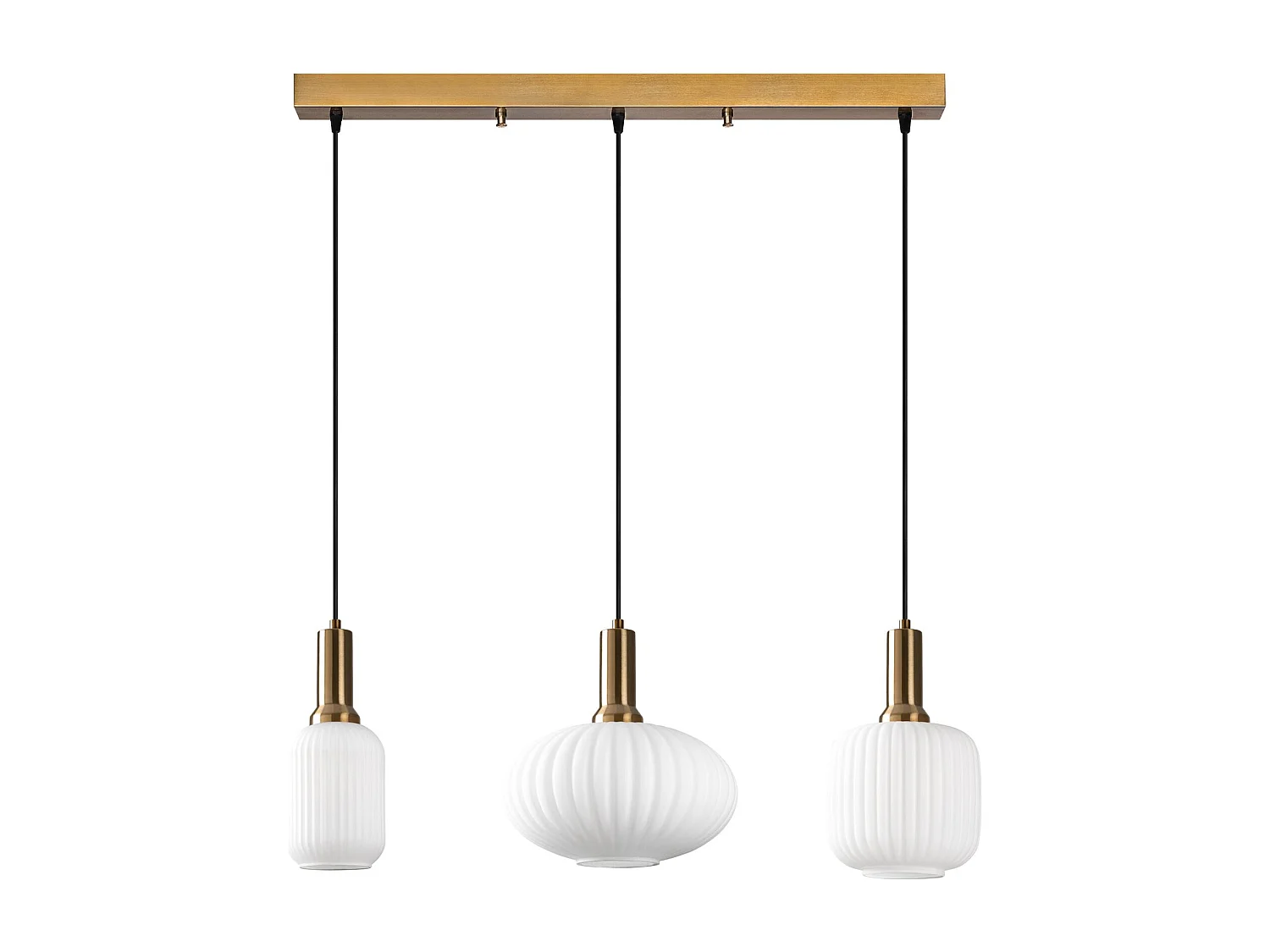 Lampa wisząca metalowa - Złota i biała - 3 klosze dł. 87 x wys. 130 cm - OSKA