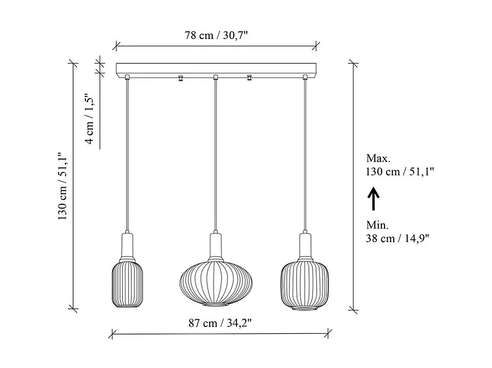 Lampa wisząca metalowa - Złota i biała - 3 klosze dł. 87 x wys. 130 cm - OSKA
