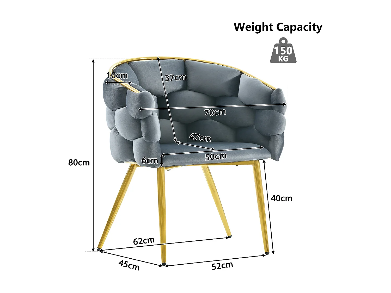 Chaise en velours gris avec pieds réglables en métal doré