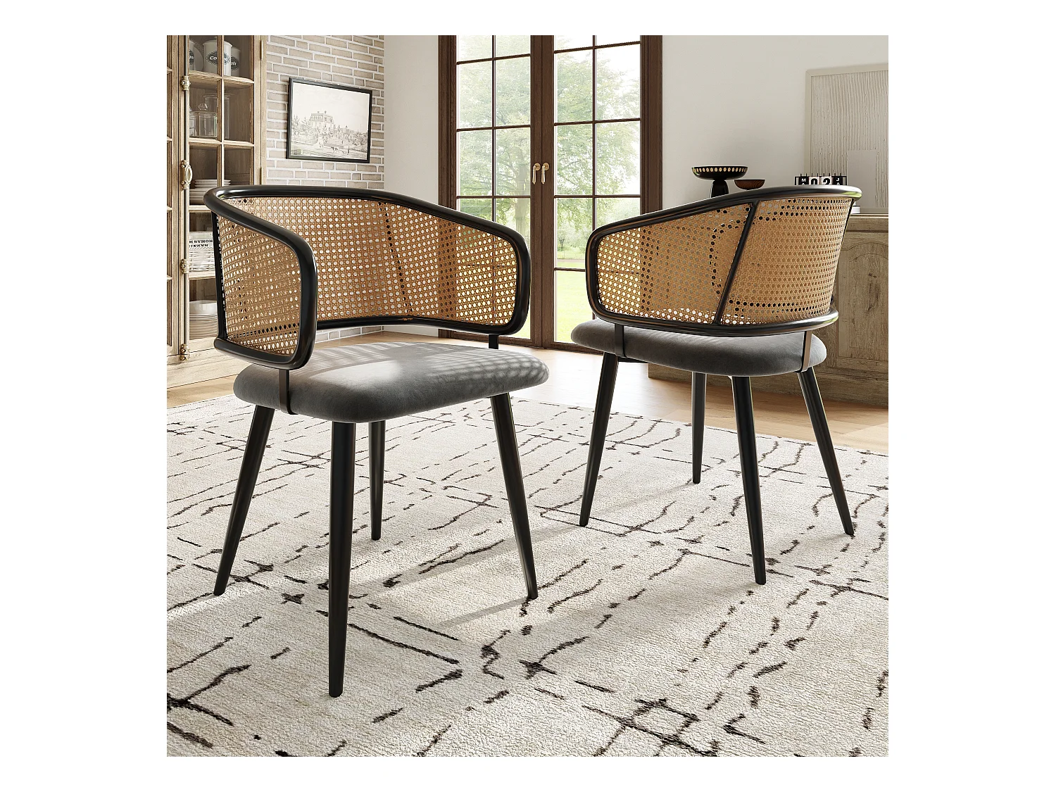 Lot de 2 chaises en velours gris, dossier en rotin, 4 pieds noir en métal