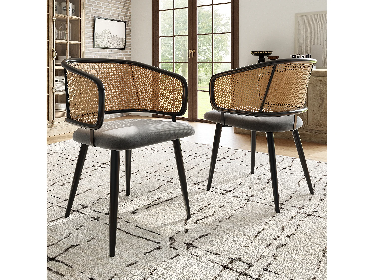 Lot de 2 chaises en velours gris, dossier en rotin, 4 pieds noir en métal