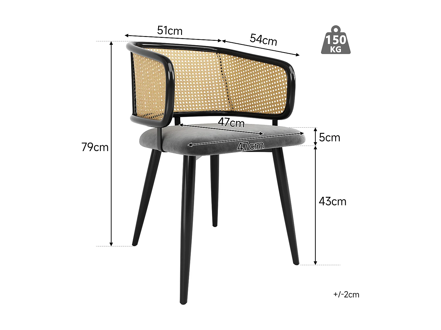 Lot de 2 chaises en velours gris, dossier en rotin, 4 pieds noir en métal