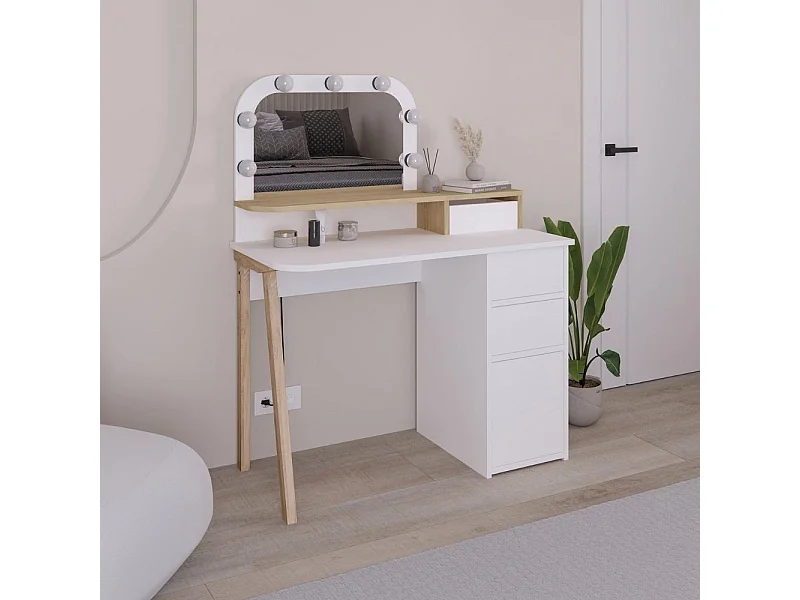 Toeletta da trucco Avien bianco e rovere con specchio e luci LED 105x51.5x131H