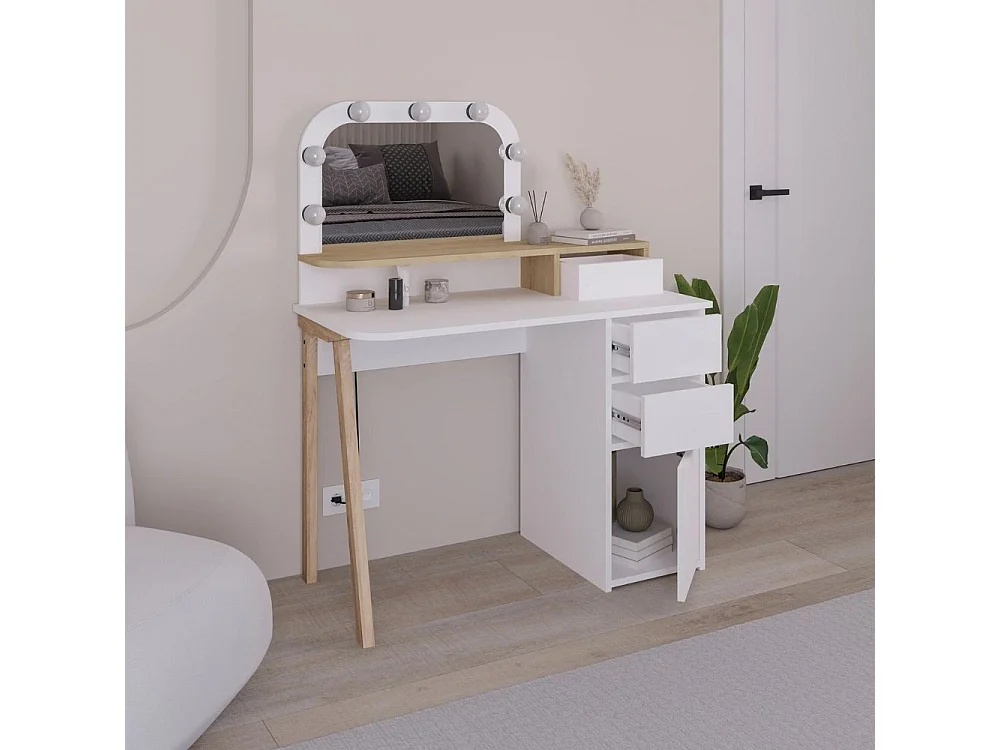 Toeletta da trucco Avien bianco e rovere con specchio e luci LED 105x51.5x131H