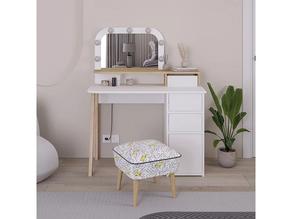 Toeletta da trucco Avien bianco e rovere con specchio e luci LED 105x51.5x131H