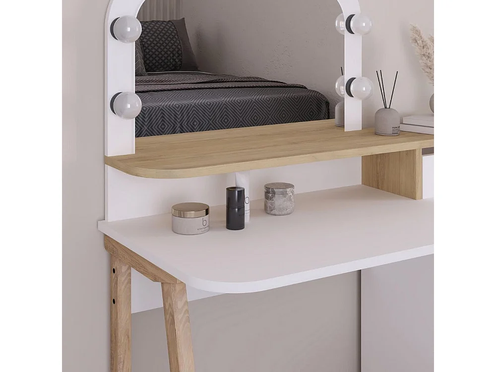 Toeletta da trucco Avien bianco e rovere con specchio e luci LED 105x51.5x131H