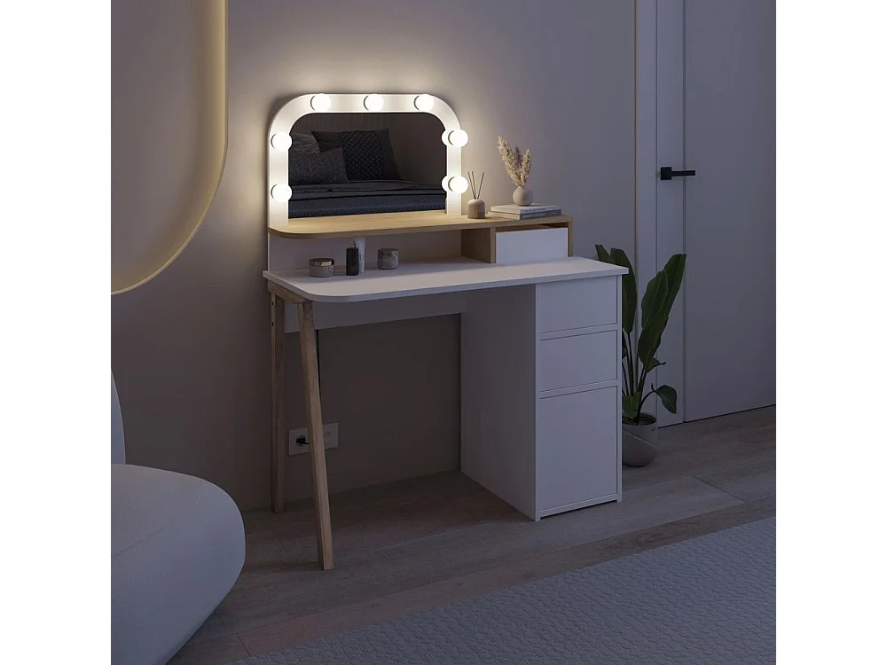 Toeletta da trucco Avien bianco e rovere con specchio e luci LED 105x51.5x131H