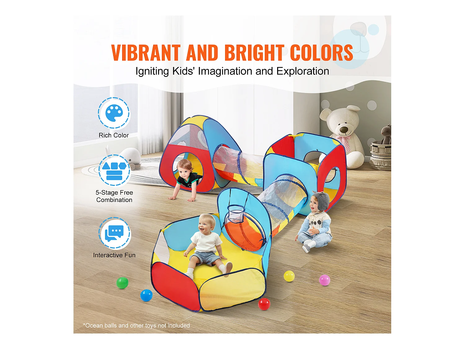 Tente de Jeu 5 en 1 pour Enfants SucceBuy avec Tunnel, Panier de Basket pour Tout-Petits, Garçons et Filles