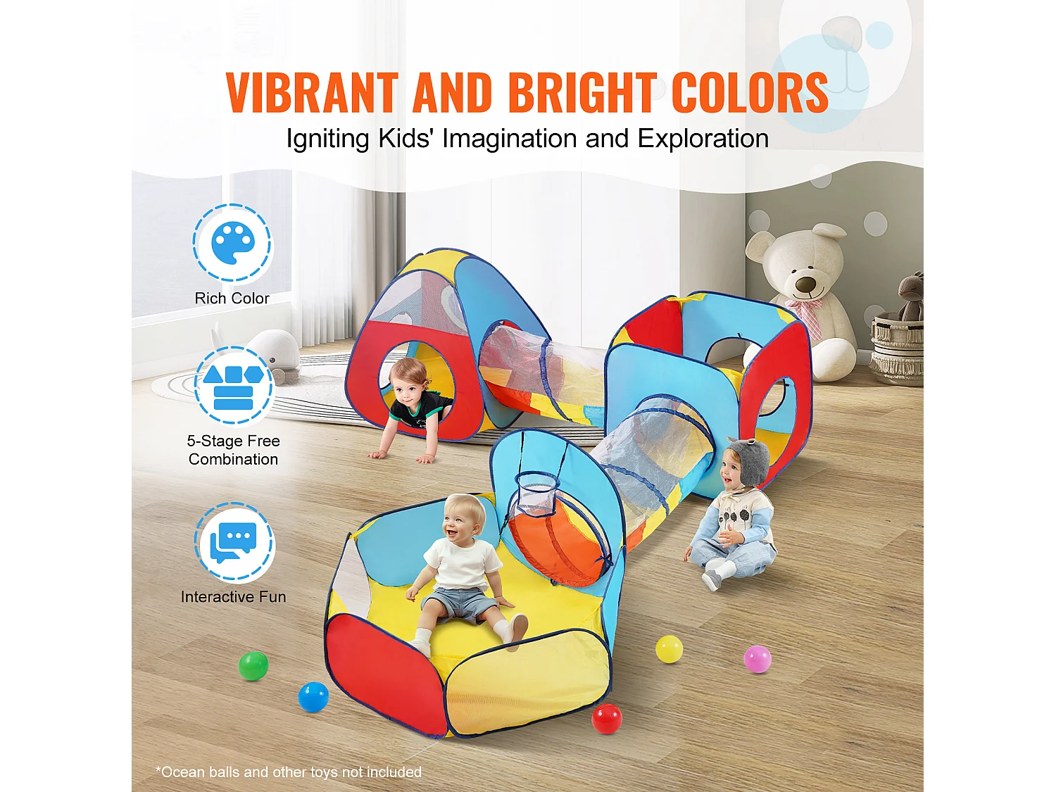 Tente de Jeu 5 en 1 pour Enfants SucceBuy avec Tunnel, Panier de Basket pour Tout-Petits, Garçons et Filles