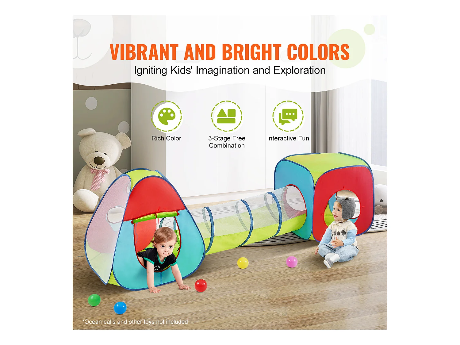 Tente SucceBuy, Cadeau pour Tout-Petits, Tente de Jeu et Tunnels pour Enfants, Garçons et Filles, Intérieur/Extérieur, Multicolore