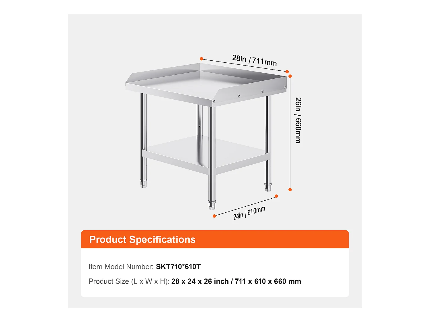 Roestvrij Stalen Werktafel SucceBuy, 610 x 711 x 660 mm, Commerciële Tafel voor Voedselbereiding in Restaurant