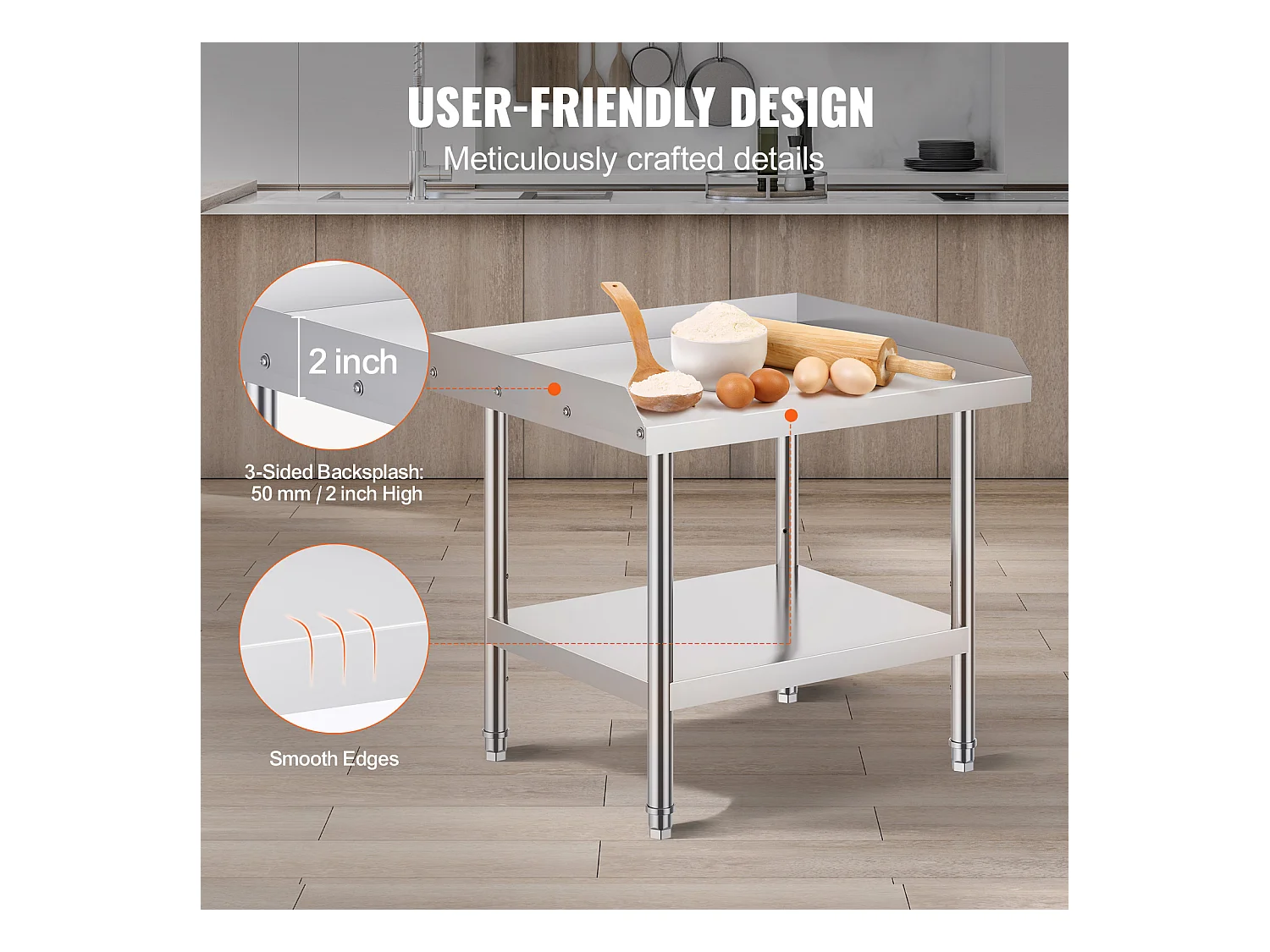 Roestvrij Stalen Werktafel SucceBuy, 610 x 711 x 660 mm, Commerciële Tafel voor Voedselbereiding in Restaurant