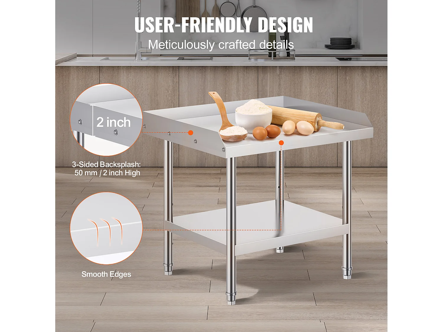 Mesa de Trabajo de Acero Inoxidable SucceBuy, 610 x 711 x 660 mm, Mesa de Preparación de Alimentos Comercial para Restaurante