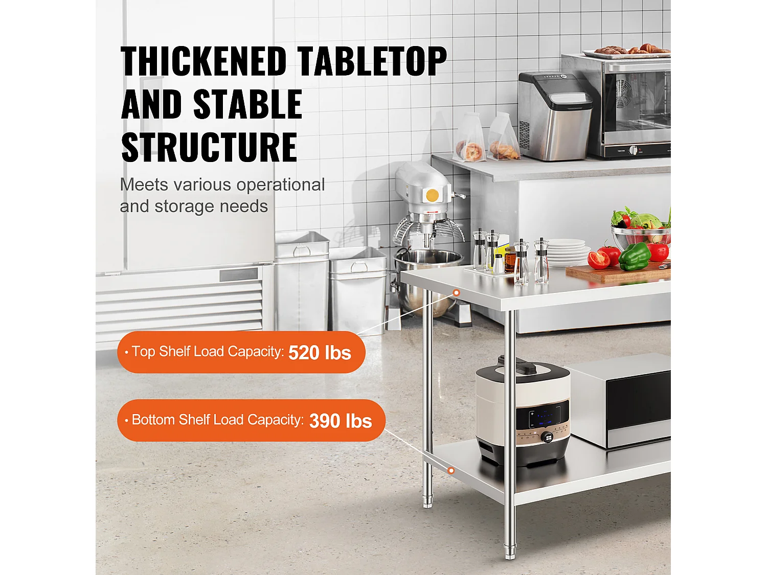 Table de Travail Cuisine SucceBuy, Table de Préparation en Acier Inoxydable, 76.2x152.4x86.36 cm, Poste de Travail Alimentaire Commercial