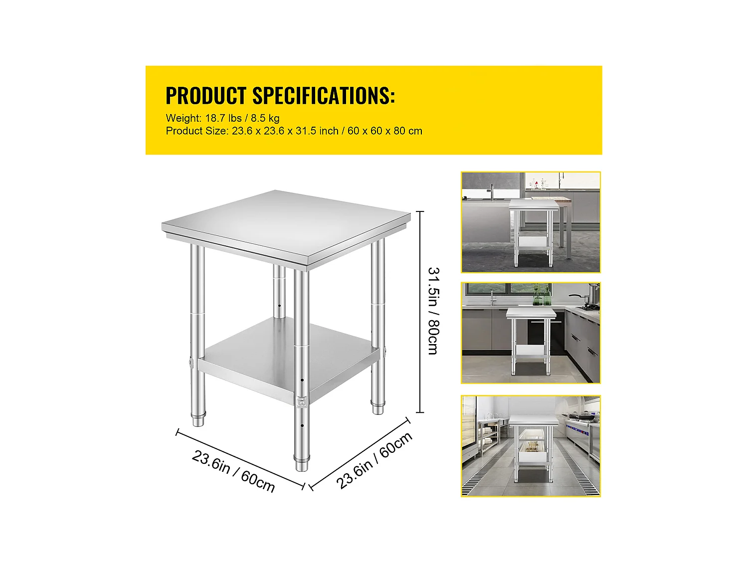 Table de Travail Cuisine SucceBuy, Table de Préparation en Acier Inoxydable, 60.96x60.96x78.74 cm