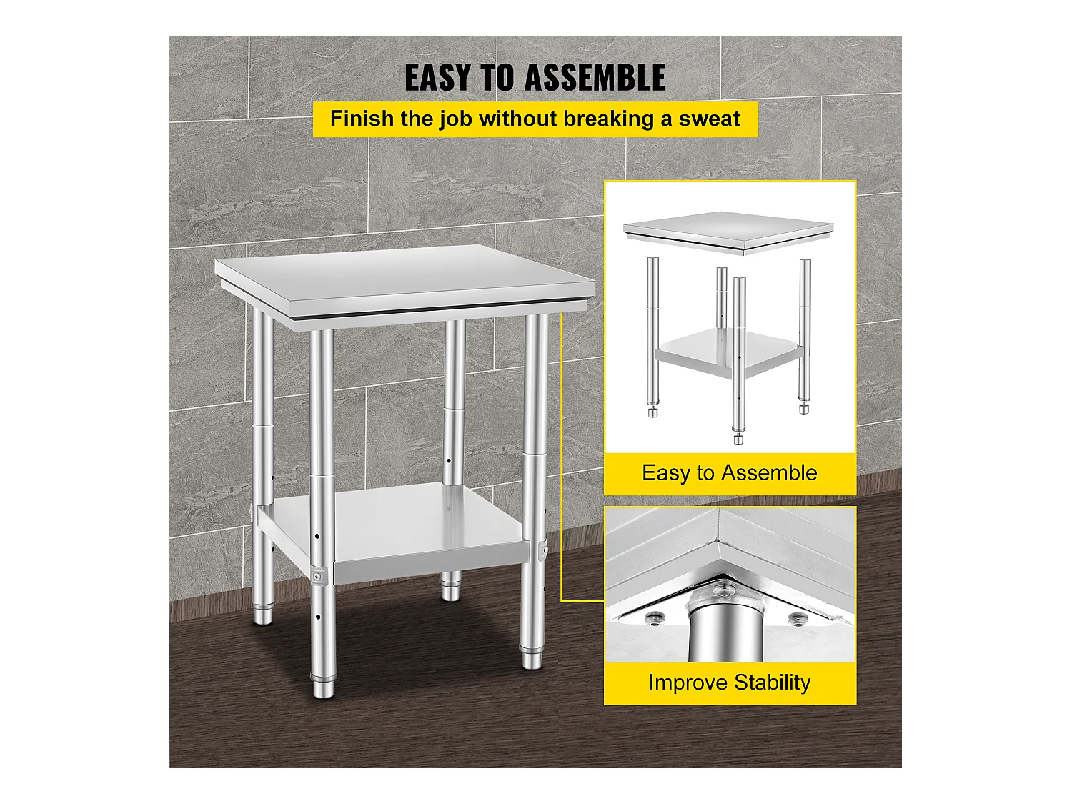 Table de Travail Cuisine SucceBuy, Table de Préparation en Acier Inoxydable, 60.96x60.96x78.74 cm