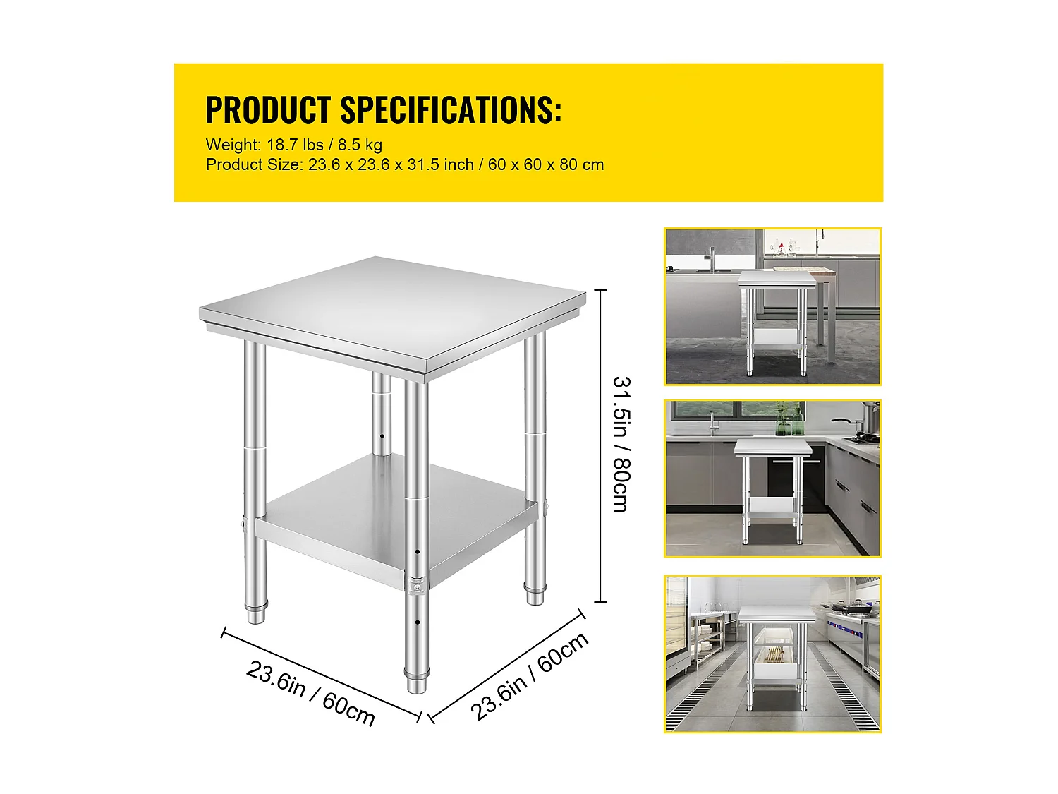 Table de Travail Cuisine SucceBuy, Table de Préparation en Acier Inoxydable, 60.96x60.96x78.74 cm