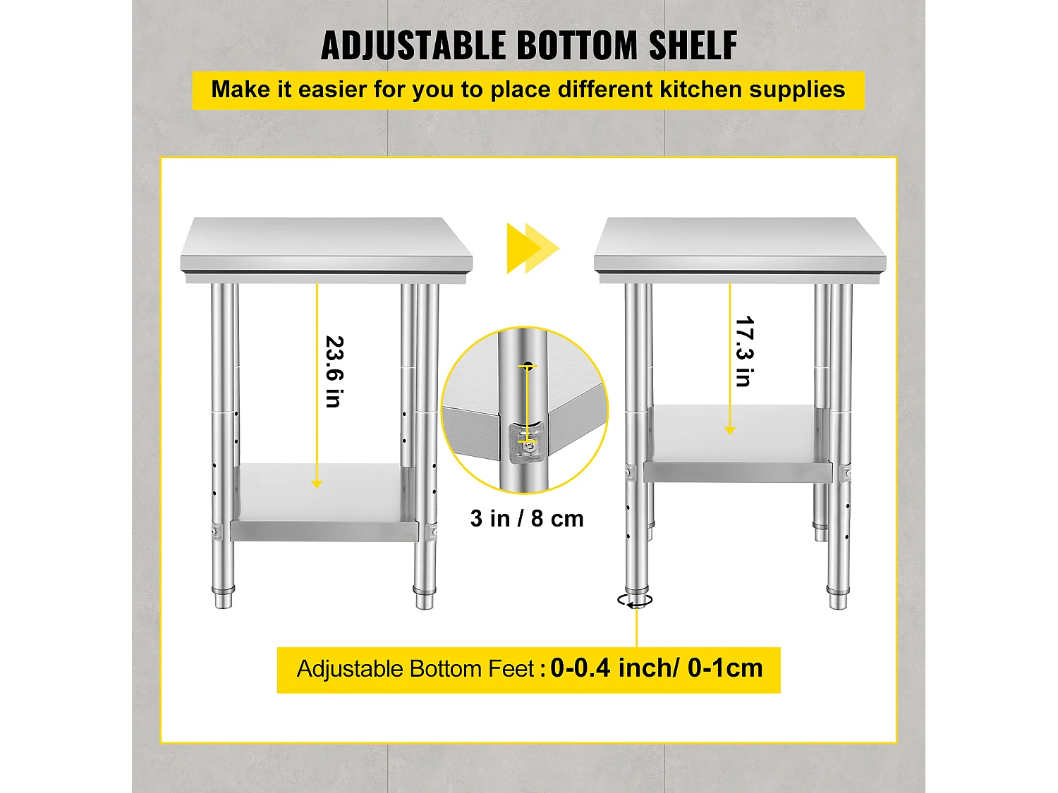 Table de Travail Cuisine SucceBuy, Table de Préparation en Acier Inoxydable, 60.96x60.96x78.74 cm